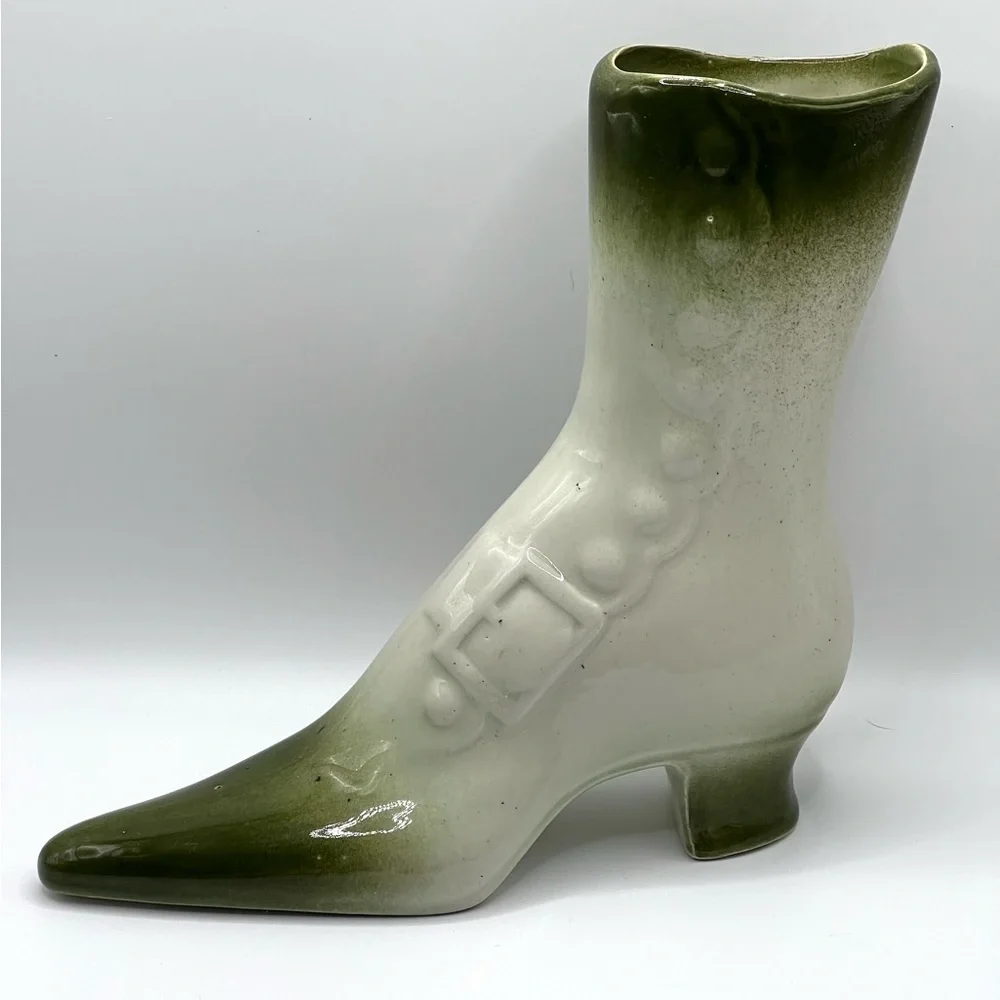 Victorian Style Ceramic Boot Green/White Planter Pottery Decorative Vase 7.5